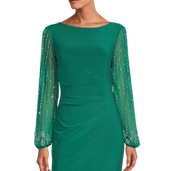 Marina Boat Neck Long Beaded Elastic Cuff Sleeve Matte Jersey Back Slit MidDress - Picture 3 of 12